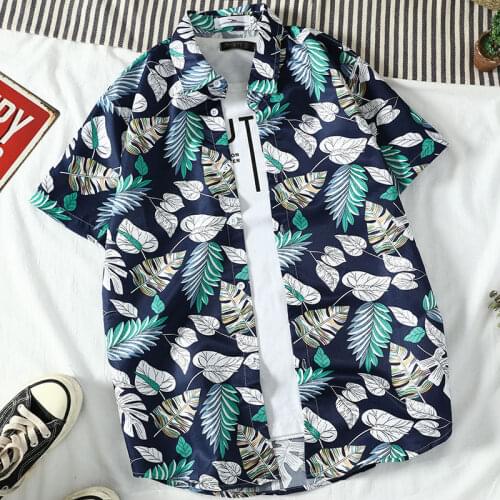 Mens Hawaiian Style Coco Leaf Flower Summer Vacation Short Sleeve Shirts