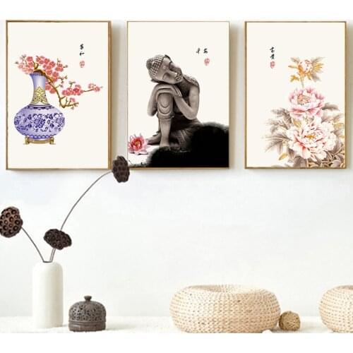 New Chinese Style Religion Buddha Icon Ink Flowers Painting Wall Art Print Picture Canvas Painting Poster for Living Room Décor