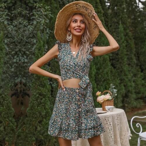 New Women Clothing Temperament Sexy Vest Set Crop Top Skirt Suits Floral Printed Ruffle Womens Sets