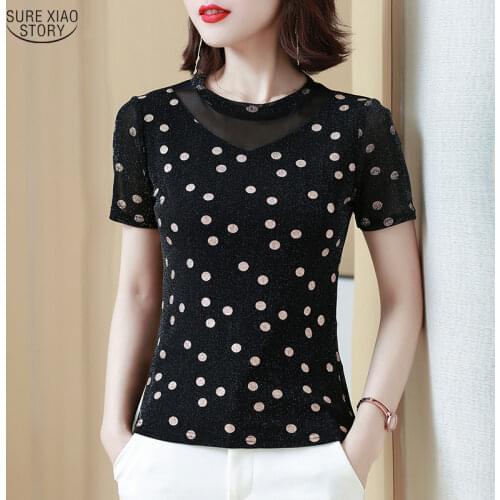 New 2021 Summer Short-Sleeve Shirts Women Casual Polka Dot Mesh Tops Blouse Plus Size 4XL Pullover Clothes Women Blusas 9157 50