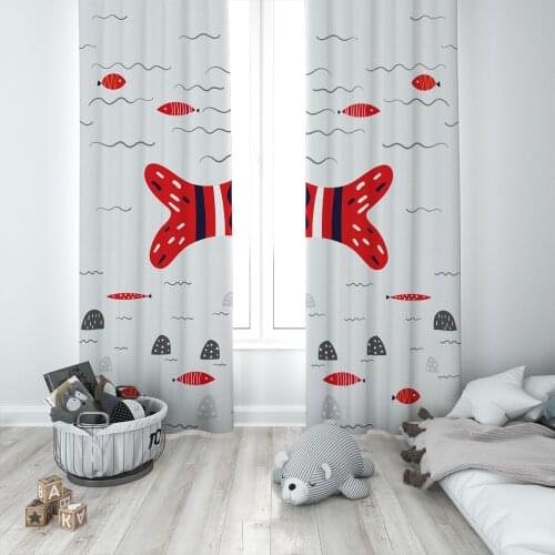 Curtains Children 3D Printed Decorative Items Home Childrens Room Gray Red Fish Model 1407