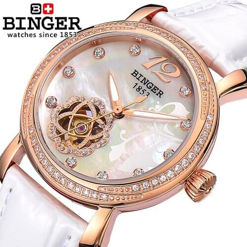 Switzerland Binger Womens watches Luxury Brand clock leather strap automatic winding mechanical Wristwatches Women B-1132L-2
