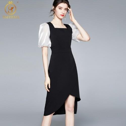 SMTHMA 2021 New Fashion Square Neck Puff Sleeve Summer Dress Womens Temperament Vintage Elegant Asymmetrical Dresses Vestidos