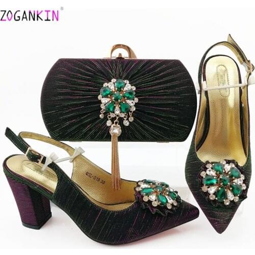 Dark Green Italian Sandals and Clutch To Match African Shoes and Matching Bag Nigerian Mid Heels Wedding Shoes for Party
