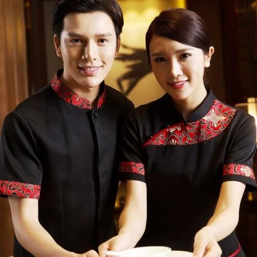 Chinese Restaurant Hotel Staff Uniforms New Fashion Black Hotel Waitress Shirt+Apron Catering Waiter Work Clothing Wholesales