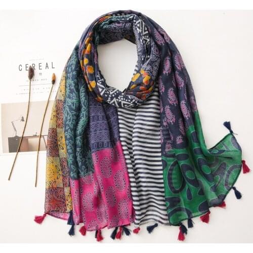 Spring Enthic Style Viscose Scarf Shawl Patchwork Striped Ladies Hijab Scarf 180x90cm Soft Pashmina Wraps