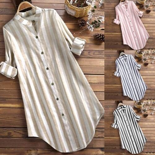 Casual Cotton Linen Office Work Top Womens Autumn Blouses 2021 Stripe V-ncek Irregular Shirts Blusas Mujer Tunic