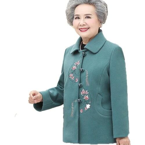 Female Outerwear 2021 Middle-Aged Elderly Womens Jackets Spring Autumn Plus Size Thick Coats Mothers Embroidered Woolen Jacket
