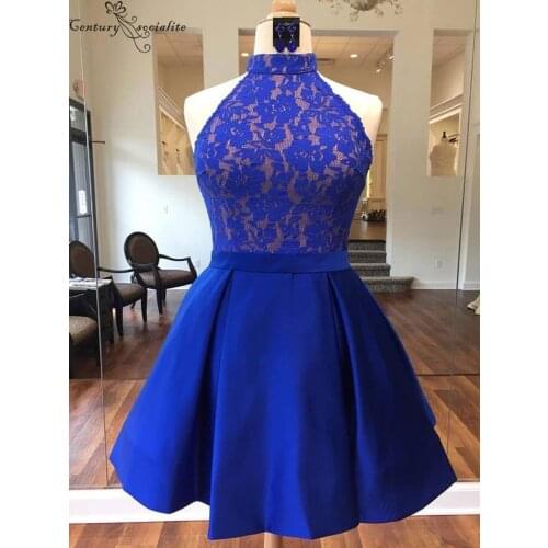Royal Blue Short Homecoming Dresses Graduation Dress 2020 O-Neck Zipper Back Lace Satin Mini Cocktail Dress Prom Party Gowns