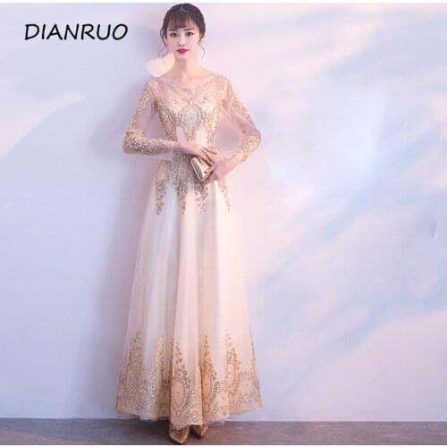 Golden Pearl Long Sleeve Cantata Ball Gown Female Sequin Lace Banquet Host Dance Performance Evening Bride Dress A017