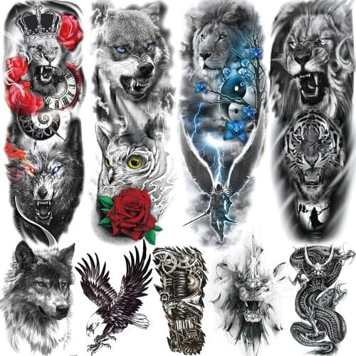 Large Wolf Lion Tiger Temporary Tattoos Sleeve For Men Adult Realistic Fake Full Arm Sleeve Tatoos Covers Up Body Art Decoration