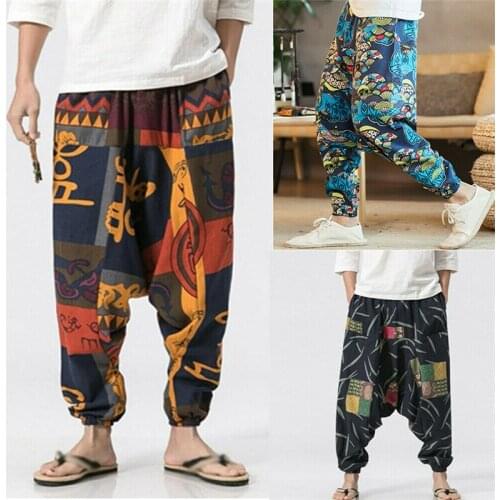 New Men Ethnic Style Print Cross-Pants Autumn High Waist Loose Floral Long Pants Male Streetwear Vintage Harem Joggers Trousers