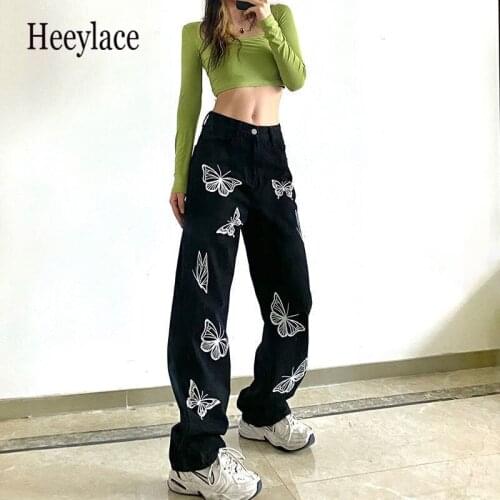 Y2K Butterfly Printed Black Women Jeans Pants Vintage Streetwear Oversize Low Waist Wide Leg Trousers Loose E Girl Cowboy