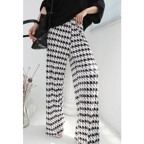 HOT SELLING Miyake Beauty fashion fold show thin fold pants female foot trousers Houndstooth print straight pants IN STOCK