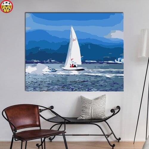 Painting by numbers art paint by number Sailboat sea blue cartoon paintings drawing coloring by numbers on canvas with frame num