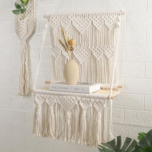 Macrame Wall Hanging Planter Basket Wooden Shelf Handmade Woven Boho Style Planter Hanger Tapestry For Farmhouse Dorm Room Decor