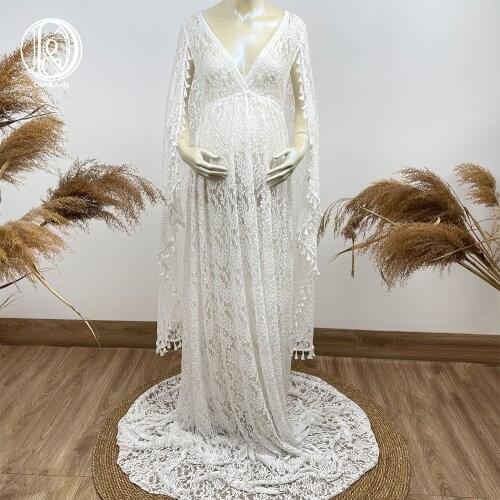 Don&Judy Lace Boho Maternity Dress Fringe Maternity Maxi Photo Shoot Dress Long Bohemian Party Wedding Dresses White 2021