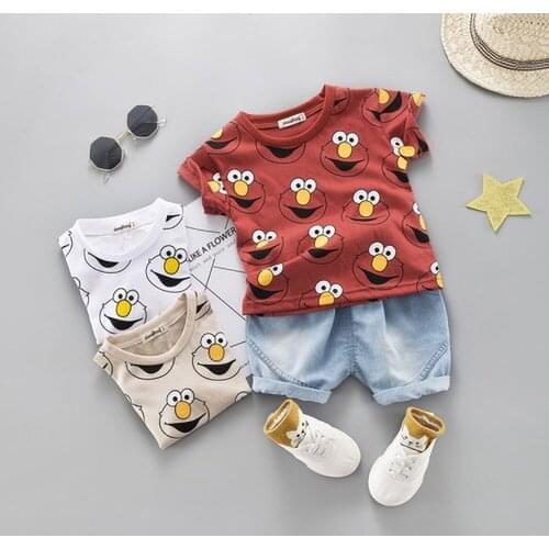 Summer Childrens Cartoon Print Suit Baby Cotton Clothes Girls Boy Casual Clothes Short-Sleeved Shorts Two-Piece Suit