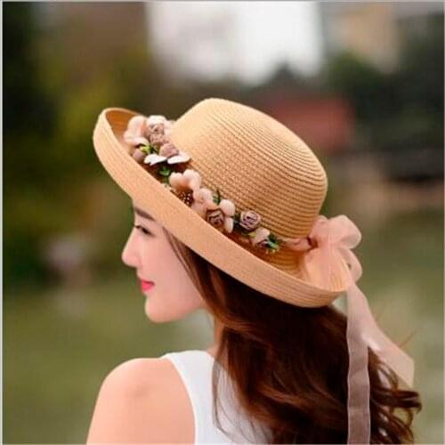 Summer Handmade Flower Straw Hat Womens Garland Sunbonnet Bucket Hat Roll-up Hem Beach Cap Sun Hat For Women