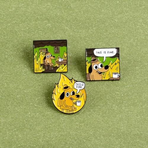 Cartoon Cute Puppy Dialog Brooch Creative Flame Hound Design "this Is Fine" Animal Enamel Metal Pin Childrens Gift Jewelry