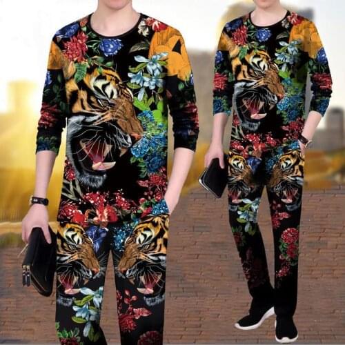 Mens long-sleeved T-shirt casual round neck bottoming shirt large size personality 3D forest tiger pattern mens suit