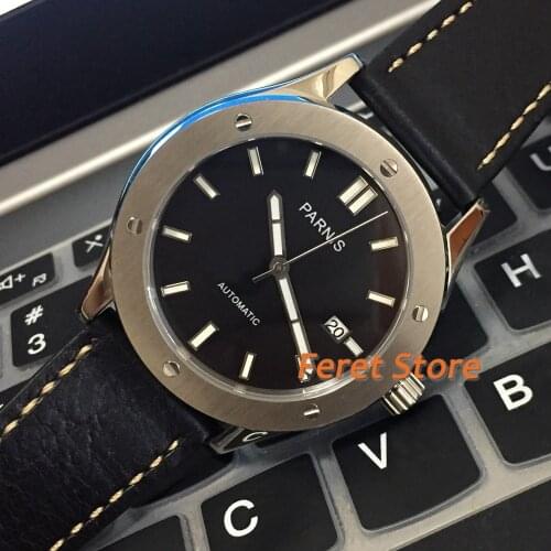 PARNIS 43mm Stainless silver case sapphire glass black dial date luminous leather strap automatic movement mens top luxury watch