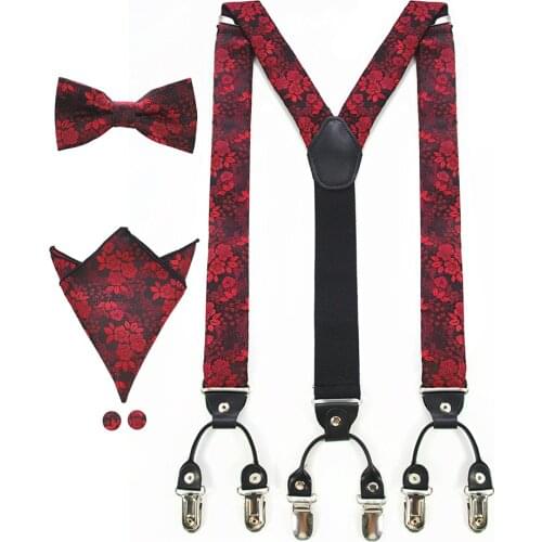 Men Suspenders Fashion Braided Floral Bow tie Pocket Square& Cufflinks Set Wedding Party Gifts Adjustable Braces Suspender