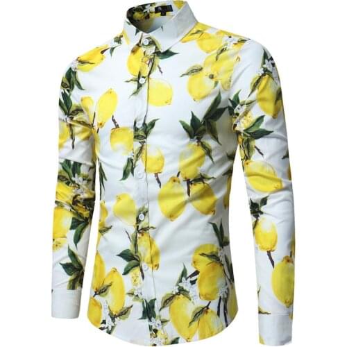 Fruit Lemon Print Shirt Men Slim Fit Long Sleeve Chemise Homme Spring Autumn Button Down Shirt Male Casual Party Holiday Camisa