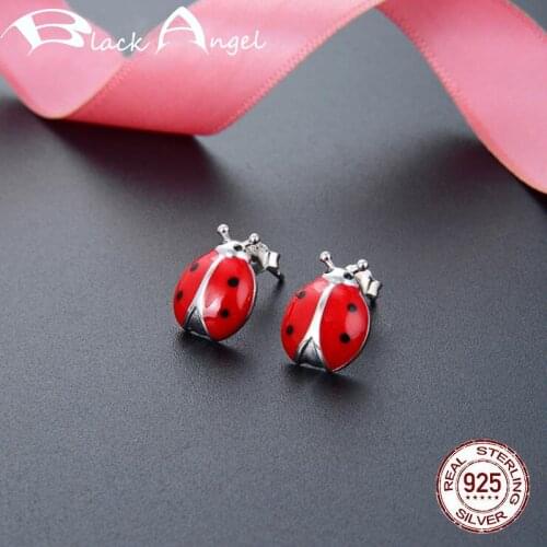 Original Handmade Red Enamel Cute Ladybug Insect Stud Earrings Genuine 925 Sterling Silver Fine Jewelry