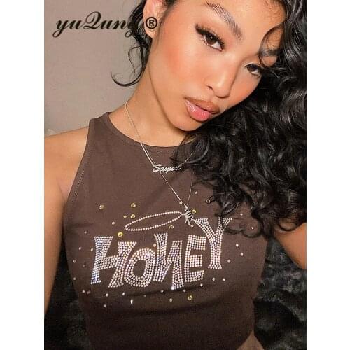 Rhinestone Glitter Honey Letter 90s Tank Top Summer Brown Y2k Sleeveless Crop Top For Girl 2021 Short Sexy Vests Woman Yuqung