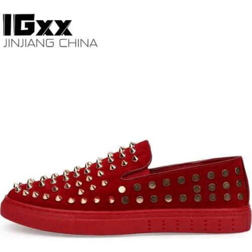 IGxx Elastic Rivet Shoes For Men Red Punk Metal Spikes Shoes Mens Clubs Flats Loafers Genuine Leather Motorcycle Shoes Men