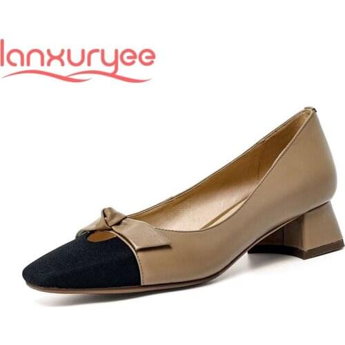 Lanxuryee genuine leather square toe butterfly-knot French romantic beauty lady dating slip on shallow spring women pumps L21