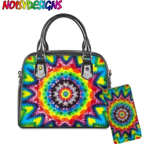 NOISYDESIGNS Ladies PU Tote Casual Bag&Purse Tie-Dye Printing Shoulder Handbags 2Pcs Set Messenger Bags Wallets for Women Custom