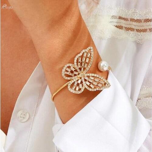 AOMU Fashion Hollow Rhinestones Bow Open Bangle For Women Imitation Pearl Bead Bracelet Bangle Metal Geometric Jewelry