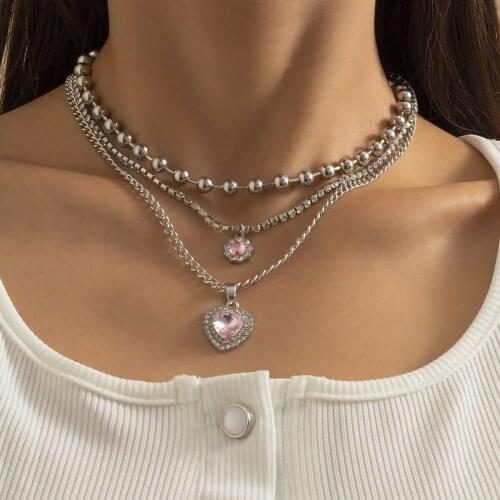 Fashion Romantic Heart Flower Pink Crystals Pendant Charm Collar Clavicle Choker Necklace for Women Female Layers Necklace