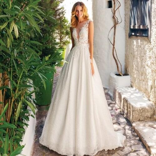 Plus Size Wedding Dress Scoop Sleeveless Lace Wedding Dresses Bridal Gowns A-line Appliques See Through Back Robe De Mariage