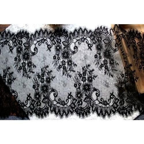 3M/Lot French Eyelash Lash trim 40cm Soft Black White Bilateral Chantilly Nylon Lace Fabric Dress Wedding Curtain Sew Accessory