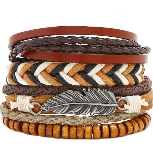 3PCS/Set Vintage Multilayer Wood Bead Leather Bracelet Bangle Set For Man Woman Adjustable Wristband Jewelry Gift Wholesale