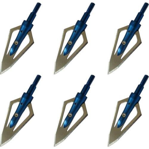 6pcs Blue Steel Flat Broadheads 100 Grain Screw Thread 0.9" Cut Archery Arrowhead for Crossbow/ Compound/Recurve bow Hunting