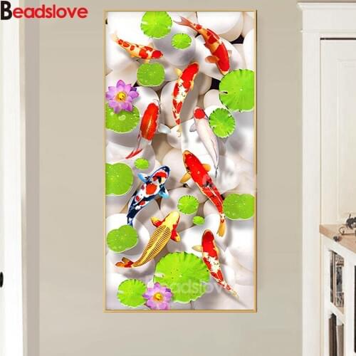 Koi fish lotus pond landscape diamond embroidery full kit 5 d Diamond Mosaic 100% square round drill Diamond painting sale
