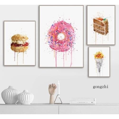 Burger Fries Donut Dessert Nordic Kitchen Poster Watercolor Foods Canvas Painting and Prints Wall Art Picture Living Room Decor