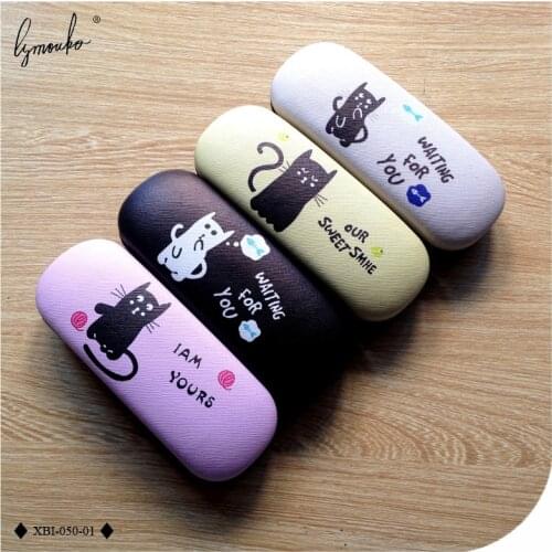 Lymouko High Quality Cute Little Cat Patterns PU Portable Reading Glasses Case for Kit Holder Container Metal Glasses Box