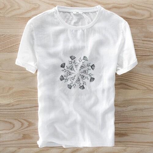 Mens Summer Casual Linen and Cotton Short Sleeve T-shirt Top Blouse Tee O-Collo manica corta da uomo con stampa