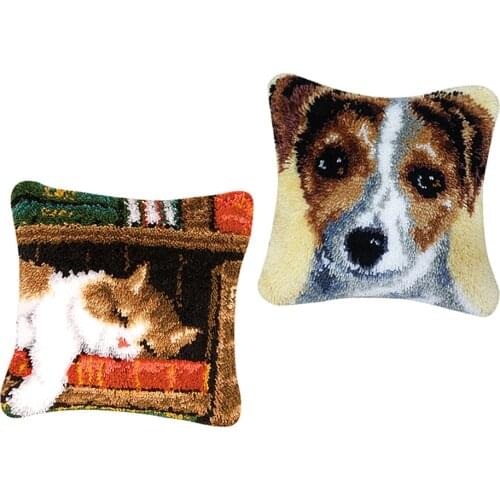 2 Sets Animals Latch Hook Cushion Kit Embroidery Cartoon Animals Picture for Woman Man- Dog & Cat Pattern Needlecraft Kits