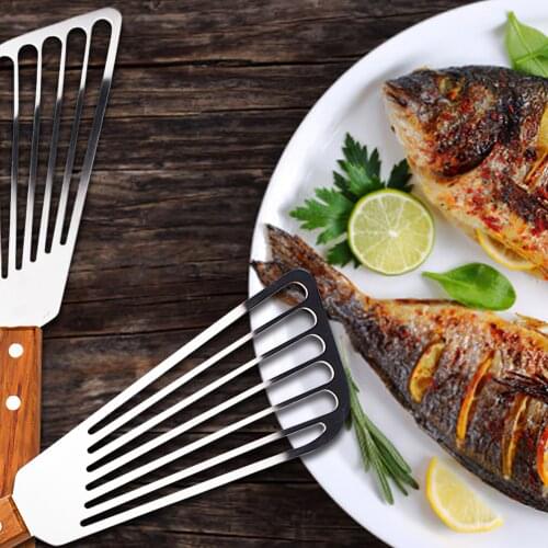 Fish Spatula Metal Stainless Steel Blade With Wooden Handle Fish Tuner Utensils Slotted Shovel For Kitchen Cooking Tool