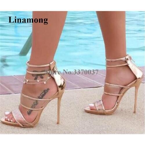 New Design Women Fashion PVC Straps Stiletto Heel Gladiator Sandals Gold Leather Back Zipper-up Transparent High Heel Sandals