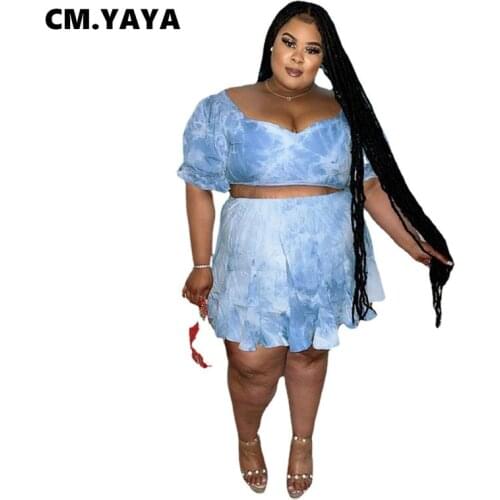 CM.YAYA Women Skirt Set Plus Size Print V-neck Short Sleeve Crop Tops Elastic Loose Above Knee Skirts 2 Piece Set Summer Outfit