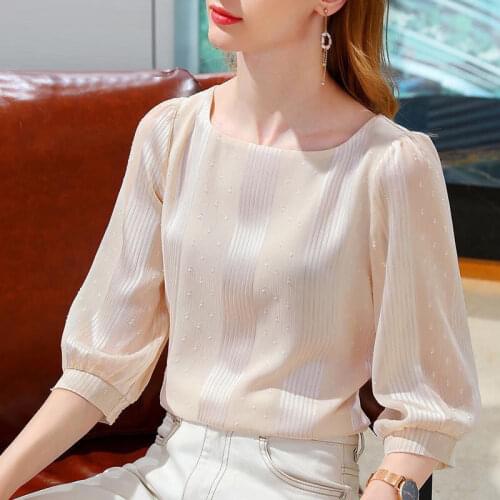 Bottoming Chiffon Shirt Womens Spring 2021 New Solid Seven-point Sleeve French Square Collar Blouses Tops Blusas