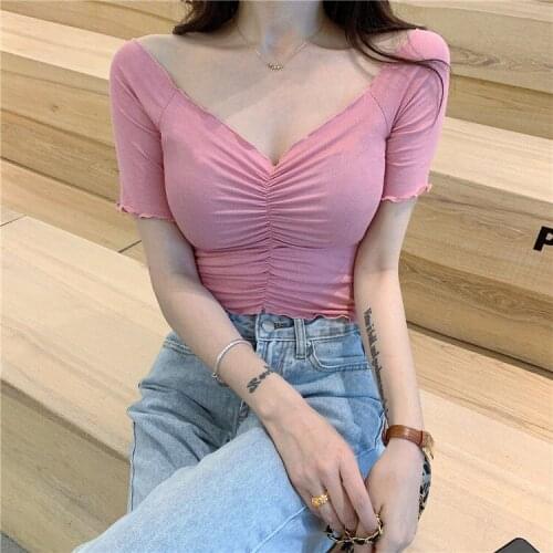 Woman TShirts Crop Top Womens Short-Sleeved T-shirt 2020 Summer Sexy V-neck Slim Top Mujer Camisetas