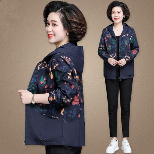 2021 Spring Autumn Print Short Trench Coat Women Hooded Clothes Plus Size Casual Zipper Windbreaker Female Loose Outerwear G978